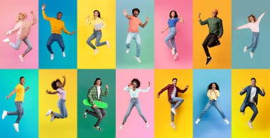 Great Offer. Full Length Shots Of Happy Excited People Jumping On Colorful Backgrounds, Diverse Young Multiethnic Men And Women Expressing Positive Emotions, Creative Collage, Panorama