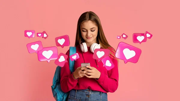 Cheerful Teen European Woman Student Backpack Has Romantic Chat Hearts — Zdjęcie stockowe