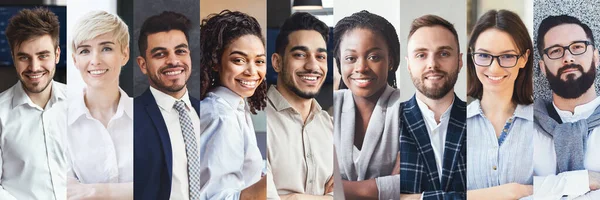 Human resources database concept, web-banner. Happy multiethnic young people in formal outwear smiling at camera, collection of candid headshots in a row, collage, panorama