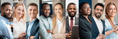 Business people concept, web-banner, collage. Composition of cheerful young managers attractive men and women in formal outfits smiling at camera, posing at workplace, set of photos