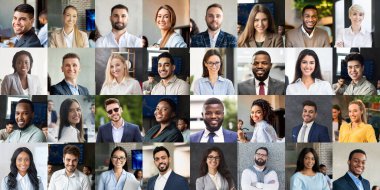 Millennials and business concept. Collection of cheerful multicultural young men and women in fornal outfits entrepreneurs posing indoors and outdoors, collage, panorama