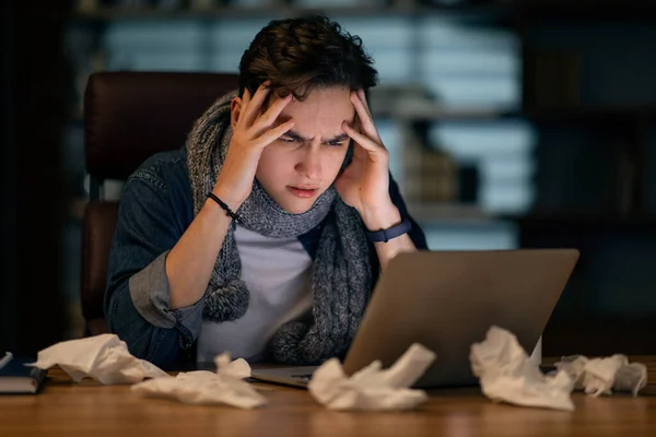 Exhausted Sick Young Man Wearing Warm Knitted Scarf Neck Worker — Stock Photo, Image