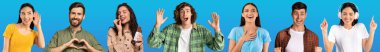 Set of cheerful millennial people men and women various styles and occupations posing on blue studio background, sharing good vibes, collage, panorama, collection of positive portraits