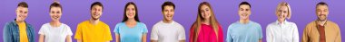Positive caucasian people attractive men and women various ages, styles and occupations cheerfully smiling at camera on purple background, collection of studio photos, collage, web-banner