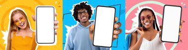 Colllection of happy multiracial millennial people two ladies and one guy posing with brand new mobile phones with white empty screens, recommending nice applications, panorama, mockup, collage