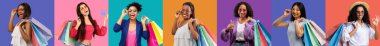 Smiling excited diverse ladies shopaholic in casual with many packages show credit card, enjoy shopping, show ok sign, isolated on colorful background, studio, panorama. Sale, cashback, ad and offer