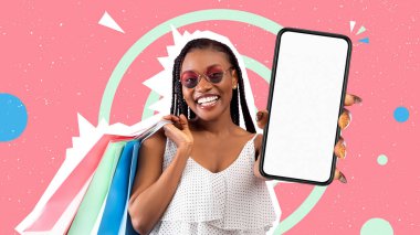 Happy customer. Joyful black lady in summer wear holding colorful shopping bags and smartphone with white screen over colorful background. Millennial woman promoting shopping app, collage, mockup