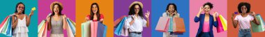 Glad shocked arab, black, european women shopaholic with packages show credit card, enjoy shopping, show ok sign, isolated on colorful background, studio, panorama. Sale recommendation, ad and offer