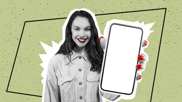 Cool offer. Black and white smiling young european brunette lady in casual with red lipstick and manicure showing cell phone with white blank screen, colorful background, panorama, collage
