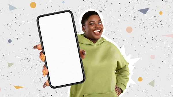 Check New App. Cheerful Obese Black Woman With Nice Manicure Showing Brand New Cell Phone With White Empty Screen, Standing Over Colorful Background, Smiling At Camera. Panorama, Mockup, Collage
