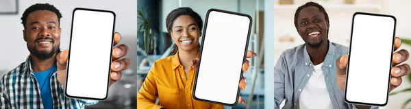 Happy Black Men And Woman Holding Big Blank Smartphones And Showing It At Camera, Set Of Portraits With Diverse Smiling African American People With Empty Cellphones In Hands, Collage, Mockup