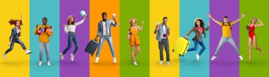 Beautiful multicultural millennials travelling, have fun, collage. Set of happy young men and women tourists jumping in the air on colorful studio backgrounds, web-banner for tourism concept