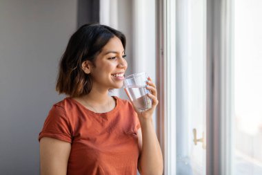 Smiling Young Arab Female Drinking Water From Glass While Standing Near Window At Home, Happy Middle Eastern Millennial Woman Having Healthy Mineral Drink And Enjoying View, Copy Space