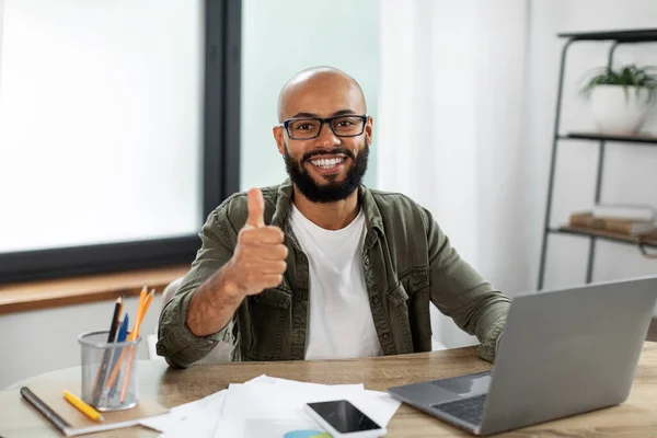 I like it. Excited businessman sitting at desk with laptop and showing thumbs gesture, working at home office. Happy male entrepreneur enjoying remote work