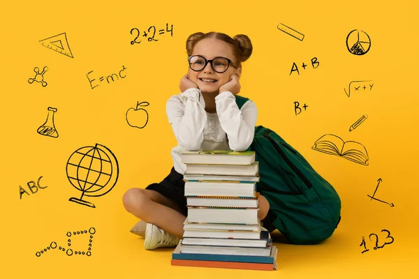 Creative Collage Cute Dreamy Schoolgirl Sitting Book Stack Yellow Background — ストック写真