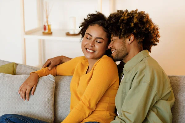 Romantic Love Happy African American Couple Hugging Sitting Sofa Having — Stockfoto
