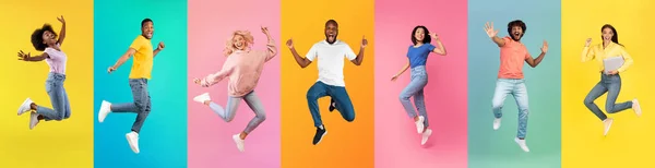 Diverse Positieve Jonge Mannen Vrouwen Springen Lucht Kleurrijke Achtergronden Creatieve — Stockfoto