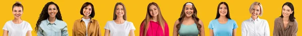 Колекція Яскравих Фотографій Щасливих Привабливих Молодих Жінок Позують Жовтому Барвистому — стокове фото