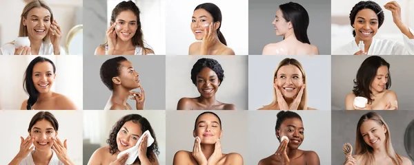笑顔の大人と若い国際的な女性は 自宅でクリーム きれいな肌で化粧品 アンチエイジング治療をお楽しみください 美容ケア 無料の時間 抗しわ手順をお楽しみください — ストック写真