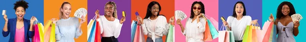 Feliz Impactado Negro Las Mujeres Europeas Shopaholic Con Paquetes Disfrutan —  Fotos de Stock