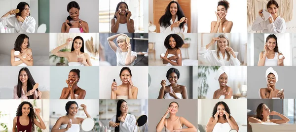 明るく若い 成熟した多人種の女性は 自宅で櫛で髪をブラッシング 美容ケア アンチエイジングルーチン きれいな肌をお楽しみください 無料の時間とスパトリートメントでボディケアの手順 ヌードメイク 化粧品 — ストック写真