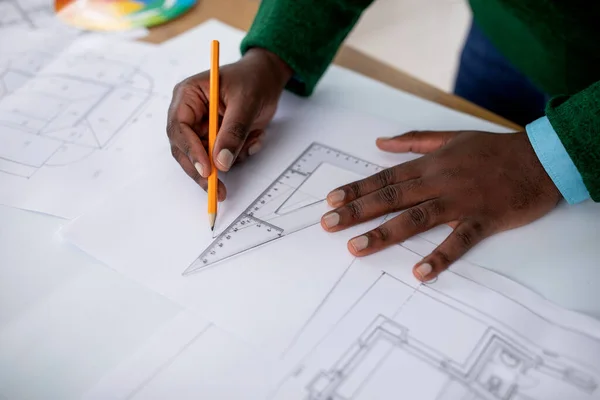 Closeup Black Male Designers Hands Working Drawing Plan Scheme Holding — Stock Photo, Image