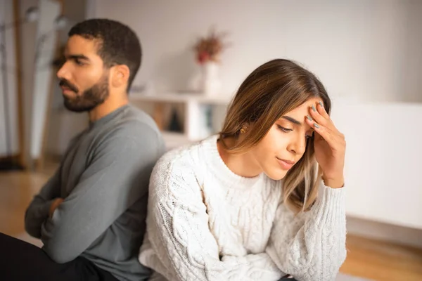 Despaired Offended Millennial European Woman Ignores Arab Male Quarrel Think — Stock Photo, Image