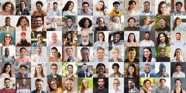 多样性概念 一群快乐的多种族人 不同年龄的男人在户外和室内摆姿势 在镜头前微笑和做手势 表现出积极的情绪 — 图库照片