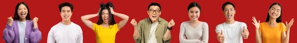 Emotionale Asiatische Männer Und Frauen Unterschiedlichen Alters Posieren Auf Rotem — Stockfoto