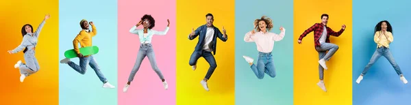 Cheerful People. Set Of Happy Multiethnic Males And Females Jumping On Colorful Backgrounds, Diverse Young Joyful Men And Women Having Fun And Expressing Positive Emotions, Collage, Panorama