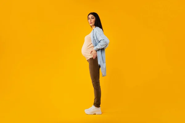 怀孕的概念 全长拍摄孕妇站在黄色工作室的背景上 看着相机 侧视图 免费的复制空间 — 图库照片