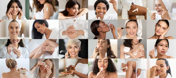 Las Señoras Jóvenes Mediana Edad Disfrutan Del Cuidado Belleza Rutina —  Fotos de Stock
