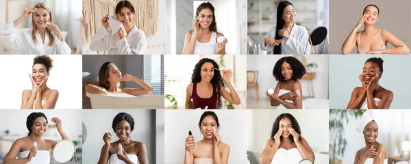 Усміхнені Молоді Зрілі Різноманітні Жінки Роблять Антивікові Зморшки Курортологічні Процедури — стокове фото
