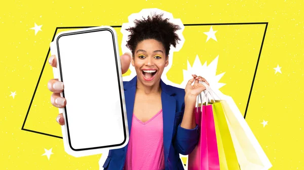 Its Shopping Time. Excited curly african american woman holding smartphone with empty screen and paper bags over colorful background, mockup for online shopping, e-commerce concept, collage