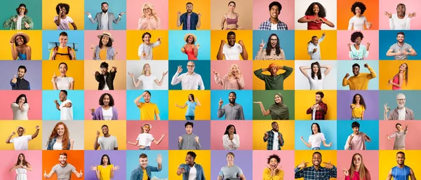 Colagem Diferentes Pessoas Felizes Retratos Sobre Brilhantes Fundos Estúdio Diversos — Fotografia de Stock