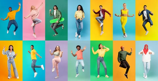 Zestaw Pełnowymiarowych Ujęć Szczęśliwych Młodych Ludzi Pozujących Kolorowe Tła Studia — Zdjęcie stockowe