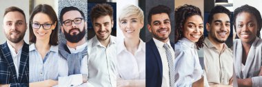 Group of millennial multiracial business professionals cheerful attractive men and women in formal outwear smiling at camera, set of closeup headshots, collage, web-banner, business globalization