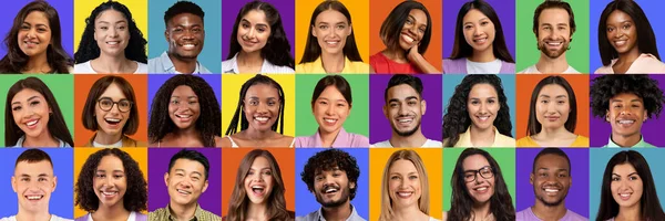 Nahaufnahme Porträts Positiver Attraktiver Multirassischer Junger Menschen Die Auf Verschiedenen — Stockfoto