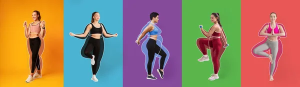 スポーツウェアを着た幸せな国際的な若い女性アスリート 周りに描かれた太りすぎの女性は 筋肉のための演習を行う カラフルな背景に隔離されたヨガを練習します ボディケア 痩身とワークアウト — ストック写真