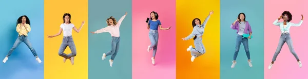Groep Van Gelukkige Overblijde Vrouwen Springen Lucht Kleurrijke Achtergronden Creatieve — Stockfoto