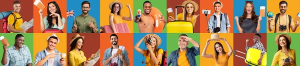 Kollázs Utazás Turizmus Nyaralás Koncepció Web Banner Érzelmi Fotók Boldog — Stock Fotó