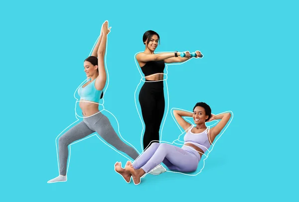 Smiling black and european millennial women in sportswear, overweight ladies drawn around, doing exercises, isolated on blue background, collage, studio. Body care, weight loss and fitness workout