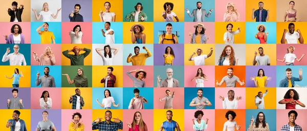 Set Happy Excited Multicultural Males Females Posing Bright Backgrounds Positive — Stock Photo, Image