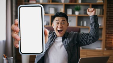 Heyecanlı Asyalı İşadamı Büyük Boş Akıllı Telefonu elinde tutuyor ve başarıyı kutluyor Orta yaşlı Çinli erkek girişimci İyi Yeni veya Teklif, Kolaj,