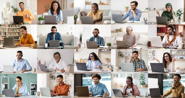 Set of multiracial people using computers, cheerful men and women different ages sitting in front of laptops, working online, watching movie, surfing on Internet indoors, collage
