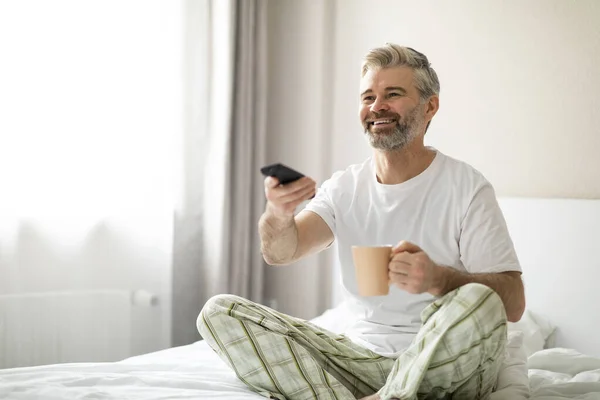 Happy Positive Relaxed Handsome Grey Haired Middle Aged Man Wearing — Stock Photo, Image