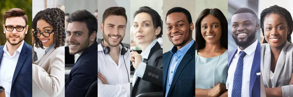 マーケティング 財務アドバイスの概念のためのコラージュ 笑顔の多文化千年のビジネスの人々のコレクション成功した男性と女性の専門家が職場でポーズ バナー — ストック写真