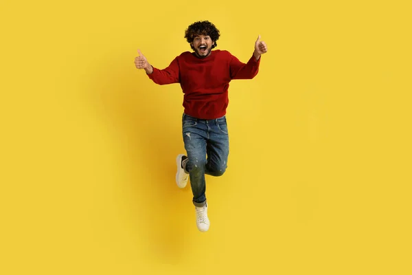 Stüdyonun Sarı Arka Planında Havada Zıplayan Şık Kıvırcık Kıvırcık Gündelik — Stok fotoğraf