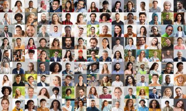 Collection of cheerful multiethnic people smiling and gesturing on various backgrounds, happy attractive men and women, children showing positive emotions, collage, set of closeup photos