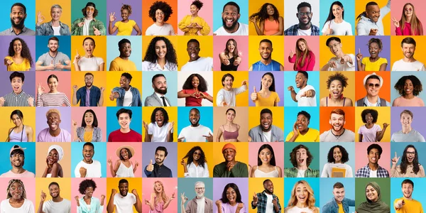 Mutlu Heyecanlar Renkli Arka Planlarda Poz Veren Neşeli Çok Irklı — Stok fotoğraf